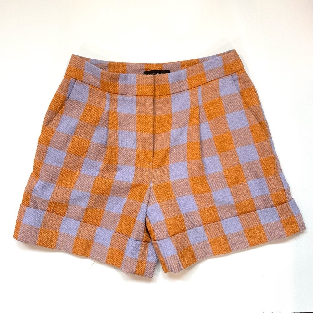 Ann Taylor The Wide Cuff Gingham High Waisted Short Size 0 - Orange Purple Tweed